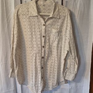 Maurices Cream Eyelet Button-Down Shirt with Pocket